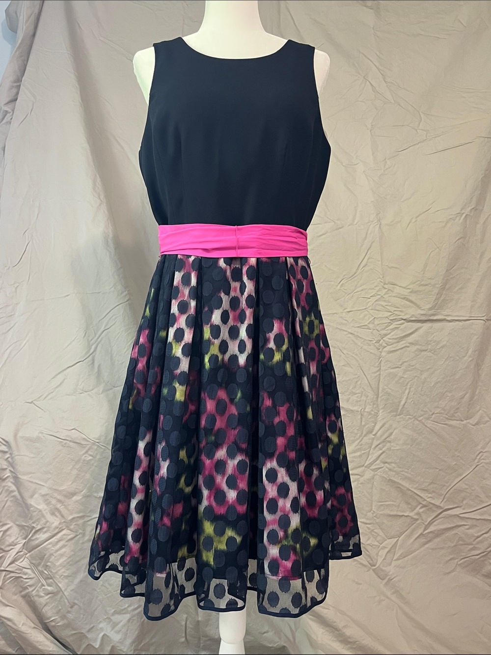 Eliza J Black Dress with Hot Pink Waist and Multicolor Dot Skirt EUC